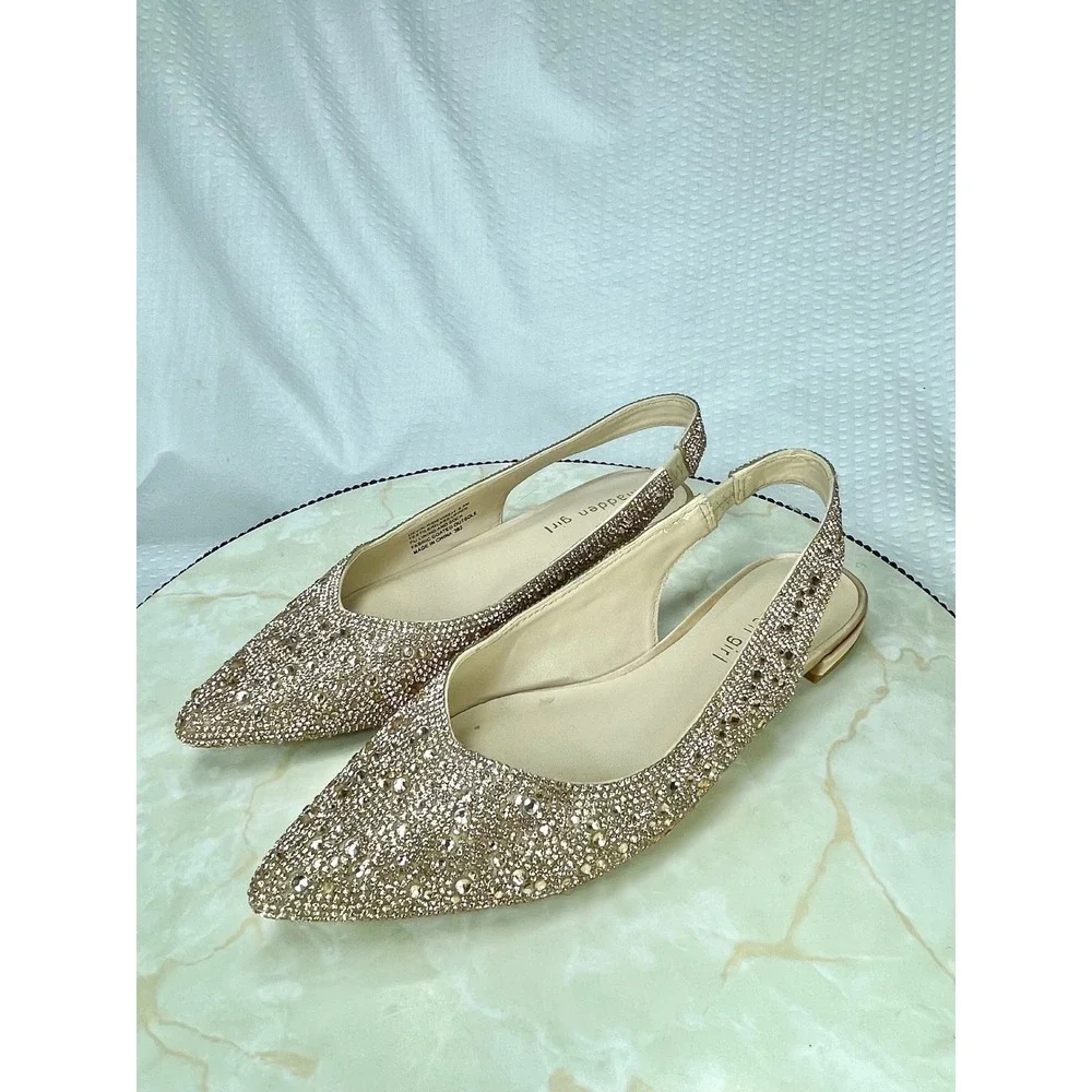 Madden Girl Devin-R Rhinestone Slingback Flats Womens 6.5 Gold Pointed Evening
